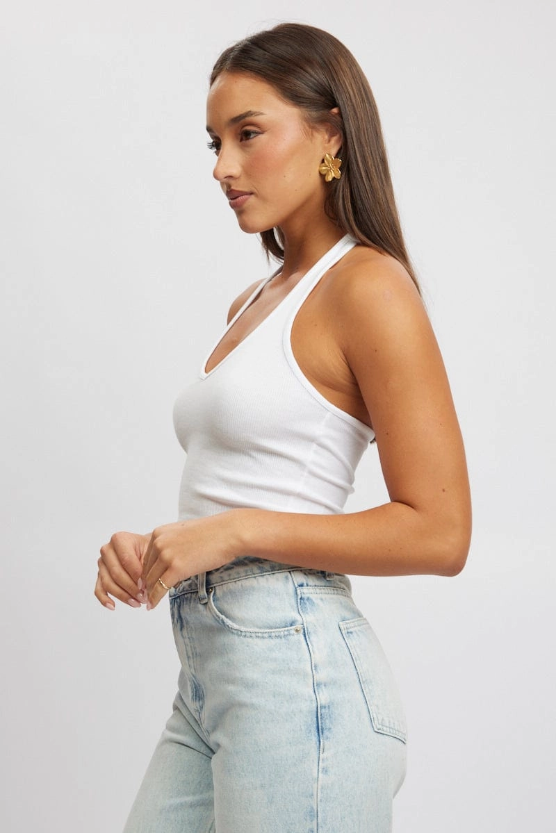 White Halter Top Sleeveless Rib