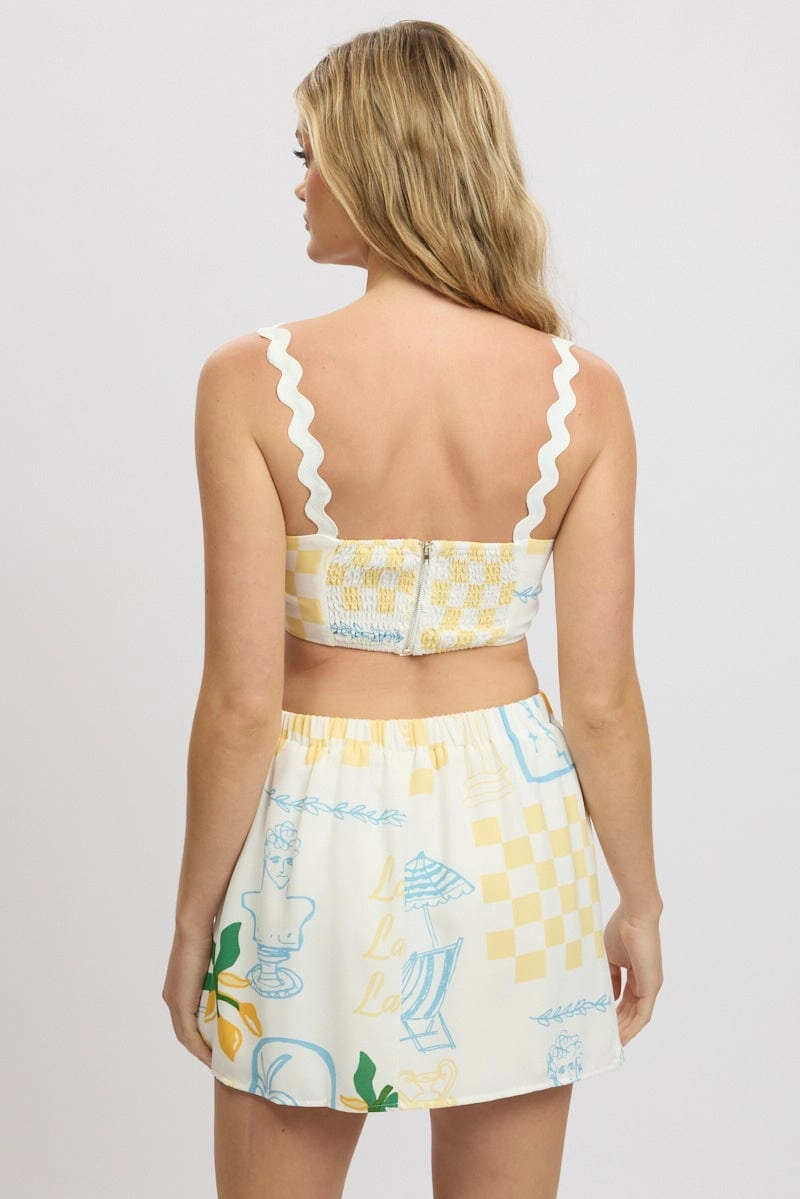 Yellow Abstract Crop Top Sleeveless Ric Rac