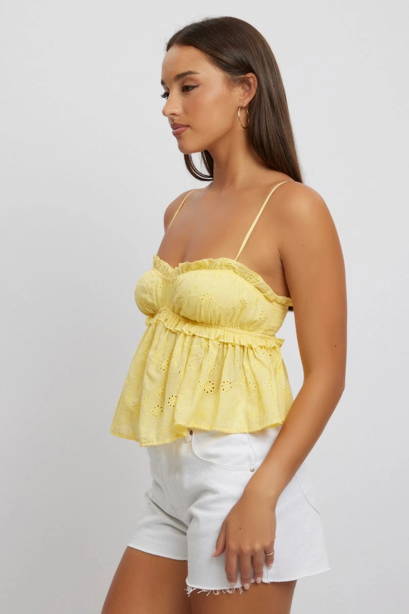 Yellow Cami Top Sleeveless Ruched Bust Broderie