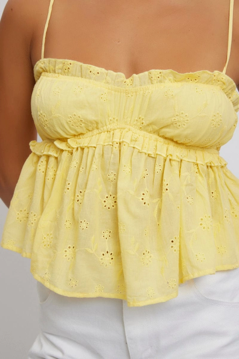 Yellow Cami Top Sleeveless Ruched Bust Broderie
