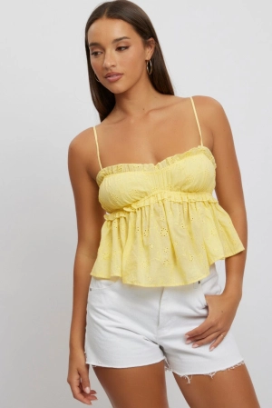 Yellow Cami Top Sleeveless Ruched Bust Broderie