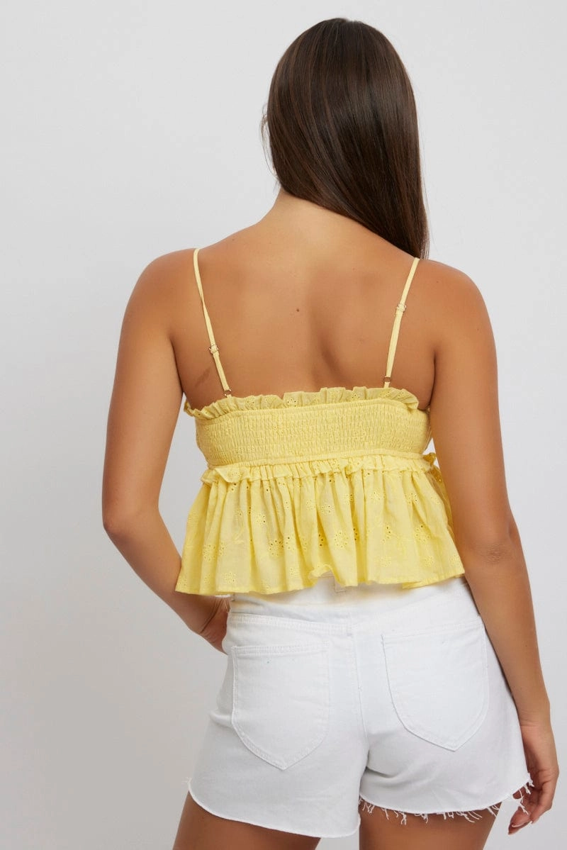 Yellow Cami Top Sleeveless Ruched Bust Broderie