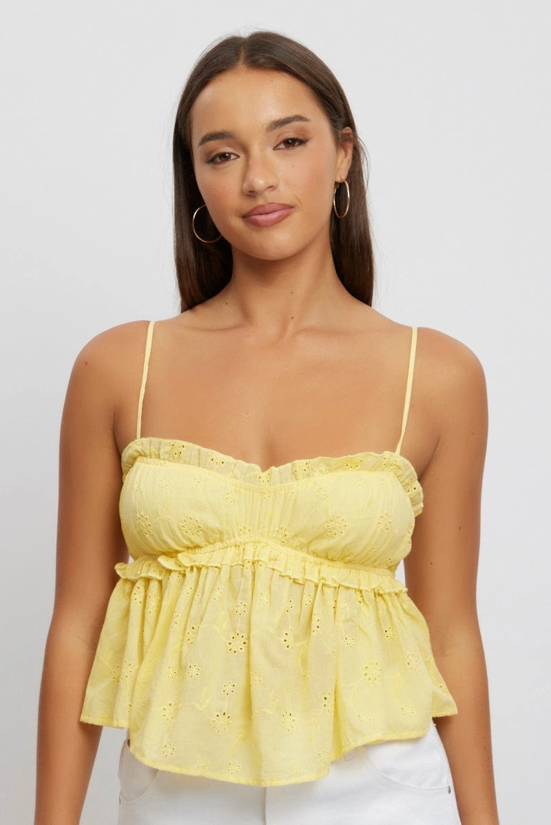 Yellow Cami Top Sleeveless Ruched Bust Broderie