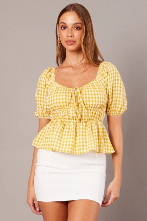 Yellow Check Ruched Peplum Top Short Sleeve