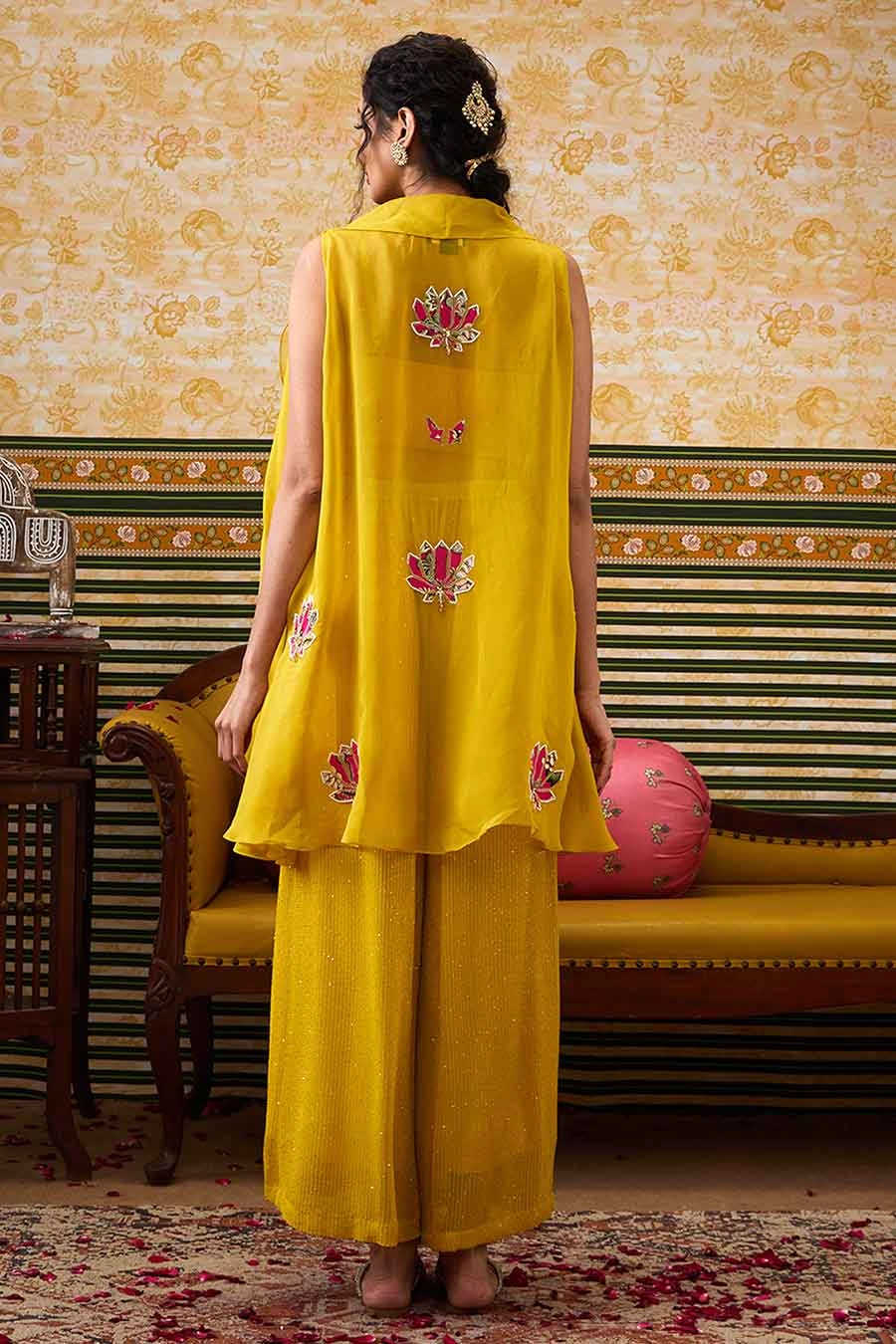 Yellow Mehr Bustier & Pant with Applique Jacket Set