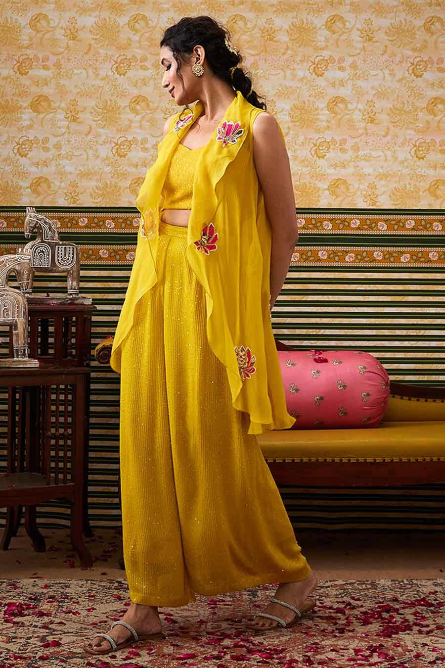 Yellow Mehr Bustier & Pant with Applique Jacket Set