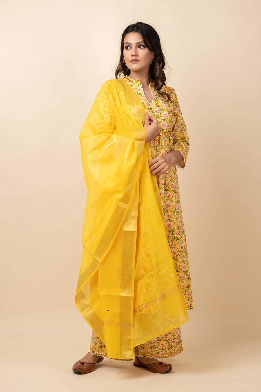 Yellow Mirror Work Kurta Set With Dupatta