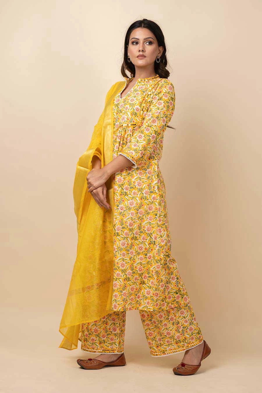 Yellow Mirror Work Kurta Set With Dupatta