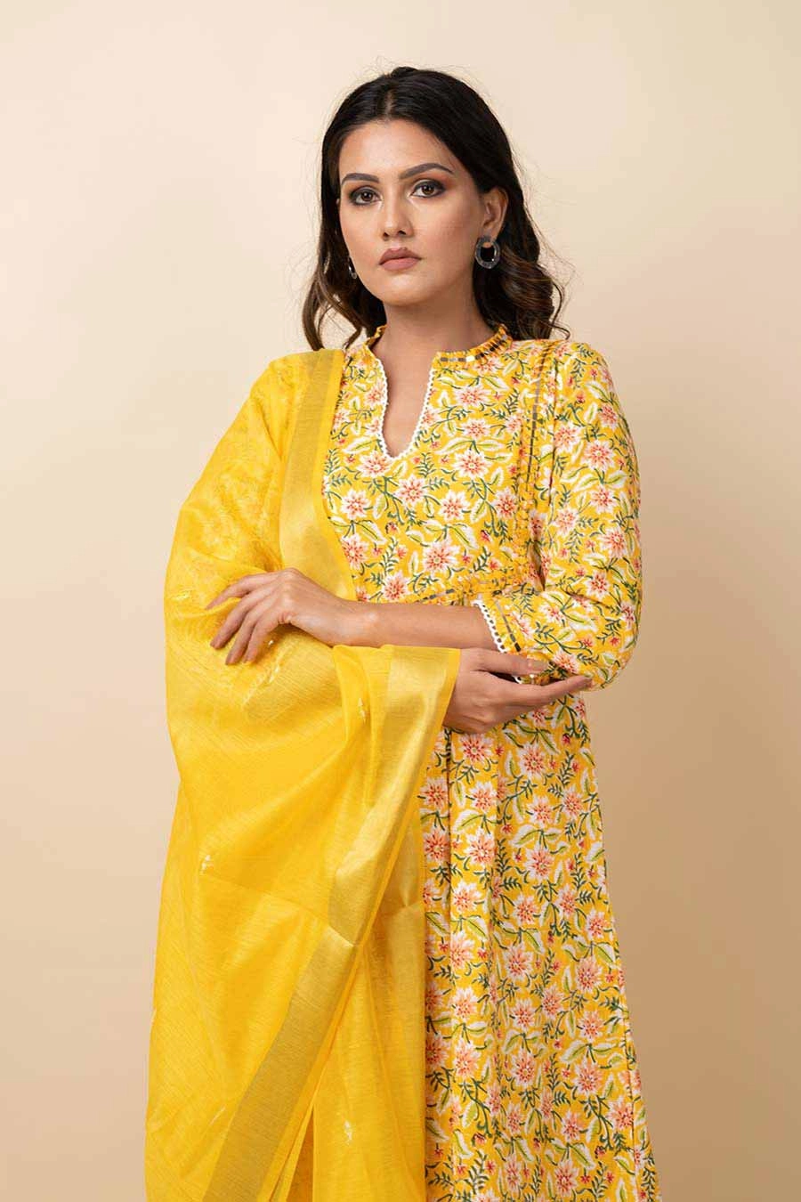 Yellow Mirror Work Kurta Set With Dupatta