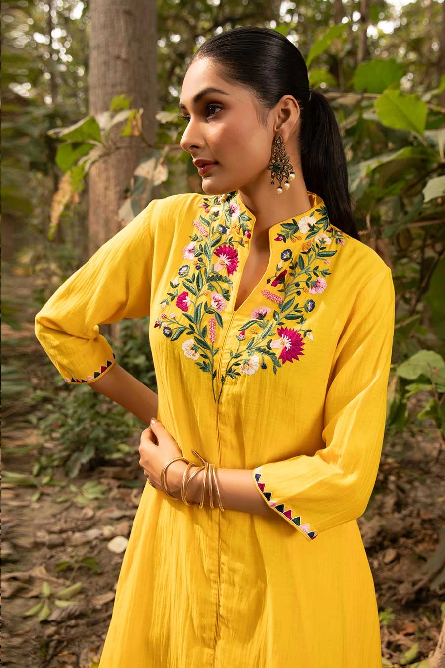Yellow Ocher Resham Embroidered Kurta & Pant Set