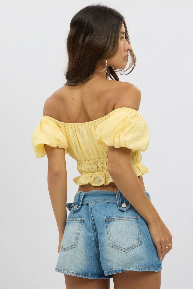 Yellow Ruffle Crop Top Puff Sleeve