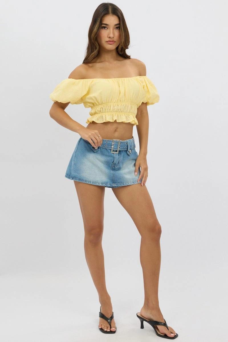 Yellow Ruffle Crop Top Puff Sleeve