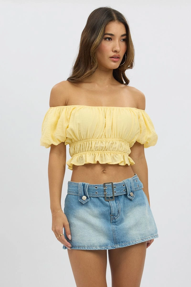 Yellow Ruffle Crop Top Puff Sleeve