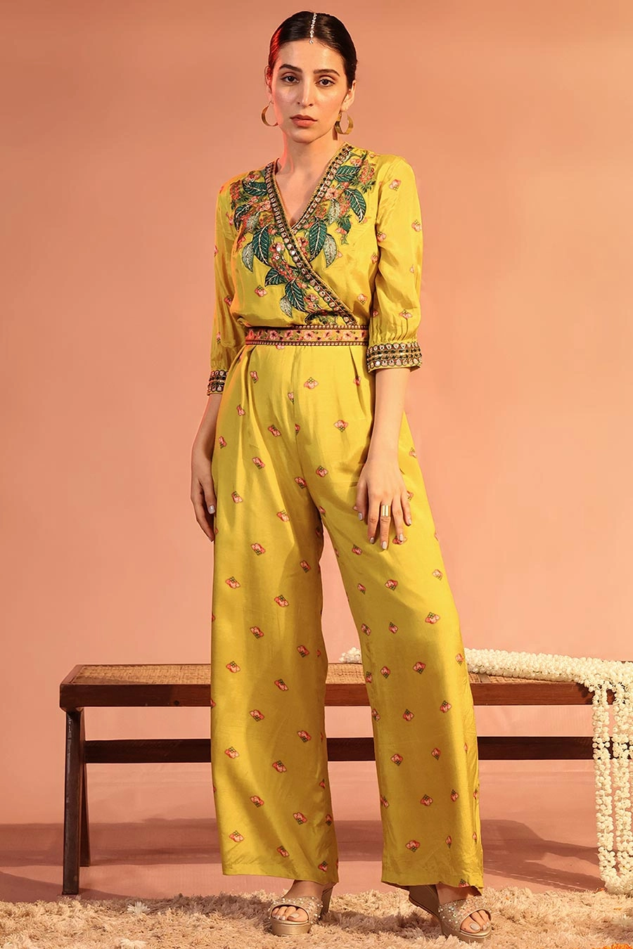 Yellow Tamaya Embellished Overlap Jumpsuit