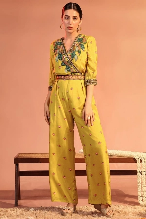 Yellow Tamaya Embellished Overlap Jumpsuit