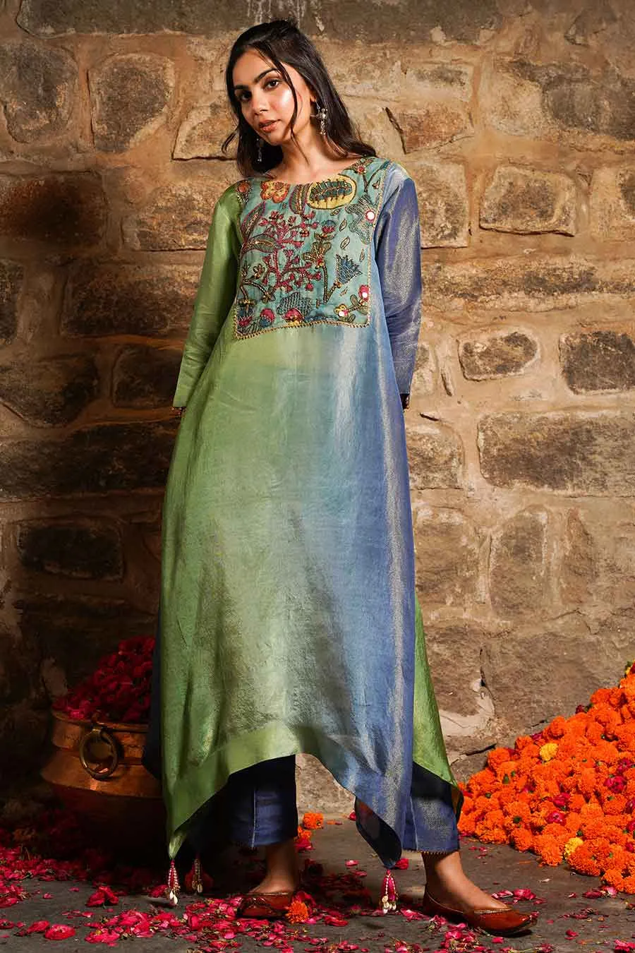 Zoha - Green And Blue Ombre Tunic & Pant Set