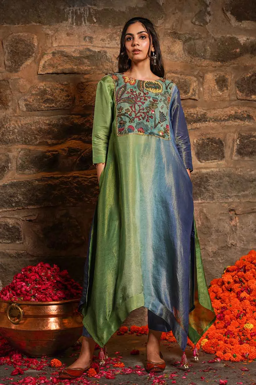 Zoha - Green And Blue Ombre Tunic & Pant Set